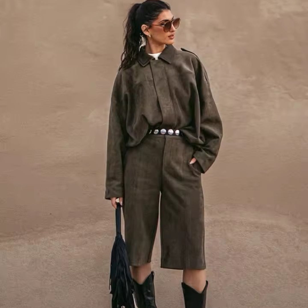 Elsa Conjunto Y2K de chaqueta corta efecto ante + shorts de cintura alta