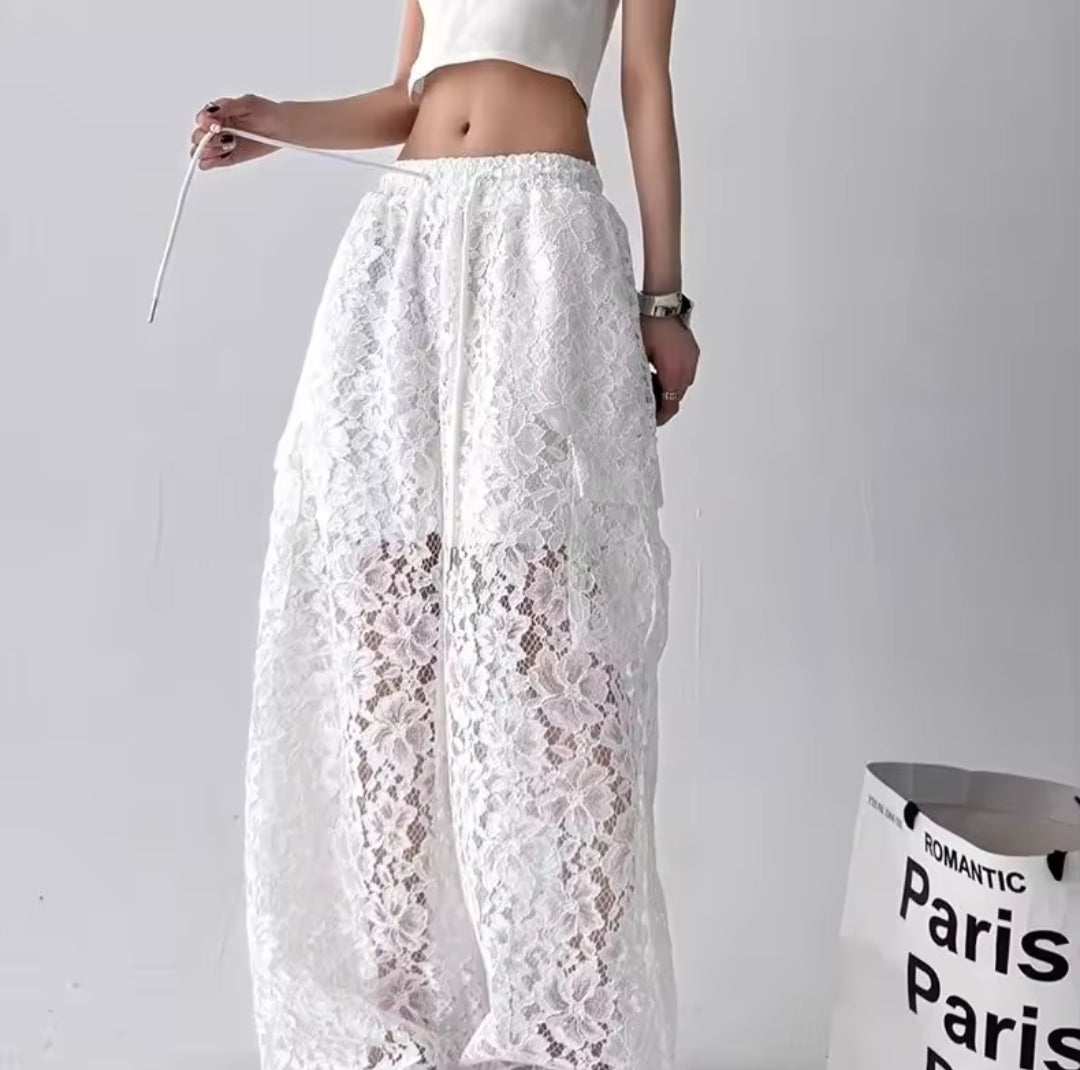 Clara Pantalones Cargo de Pierna Ancha con Encaje para Mujer – Estilo Coreano & Streetwear