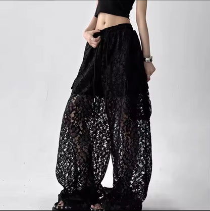 Clara Pantalones Cargo de Pierna Ancha con Encaje para Mujer – Estilo Coreano &amp; Streetwear