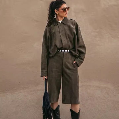Elsa Conjunto Y2K de chaqueta corta efecto ante + shorts de cintura alta