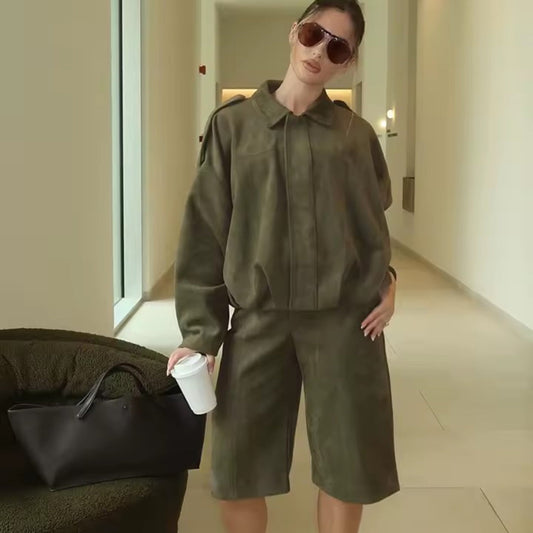 Elsa Conjunto Y2K de chaqueta corta efecto ante + shorts de cintura alta