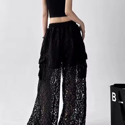 Clara Pantalones Cargo de Pierna Ancha con Encaje para Mujer – Estilo Coreano &amp; Streetwear
