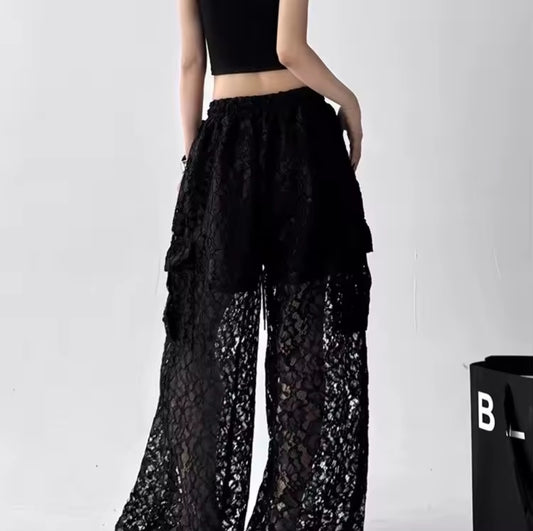 Clara Pantalones Cargo de Pierna Ancha con Encaje para Mujer – Estilo Coreano &amp; Streetwear